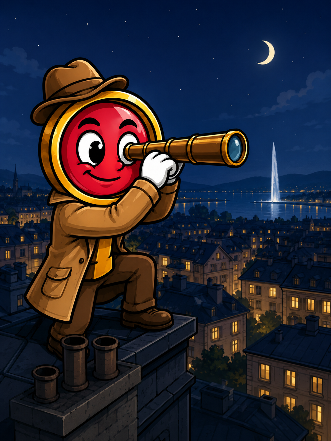 Le Scout surveille Genève de nuit à la longue-vue